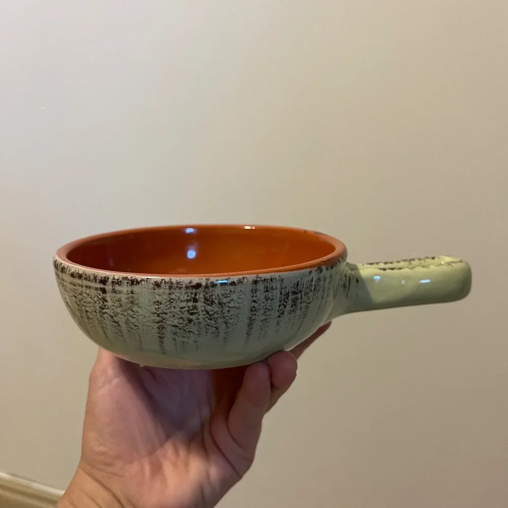 De Silva Italy Pottery Soup Bowl with Handle Green Orange Terracotta Ceramic